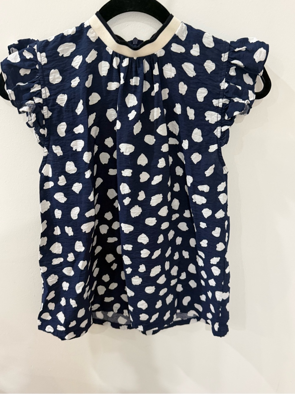 THML Navy Blue White Abstract Polka Dot Ruffle Sleeve Blouse Top - XS